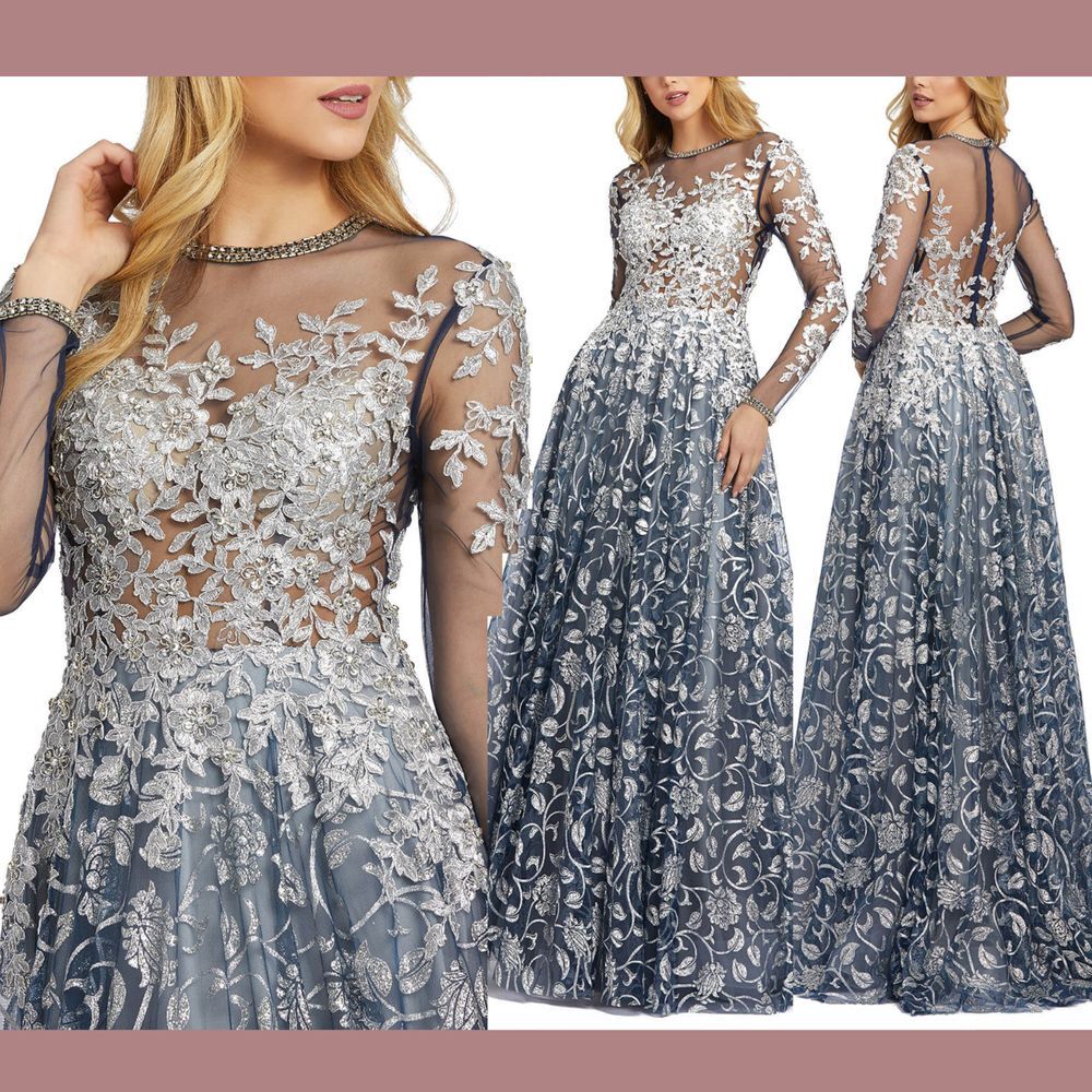 NWD $798 Mac Duggal [ 12 ] Illusion High Neck Applique‎ Gown Silver Blue G1950